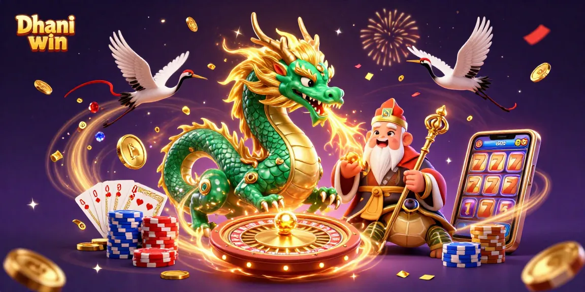 Dhani win platform showcases thrilling gaming experience with a jade dragon and lucky cranes.