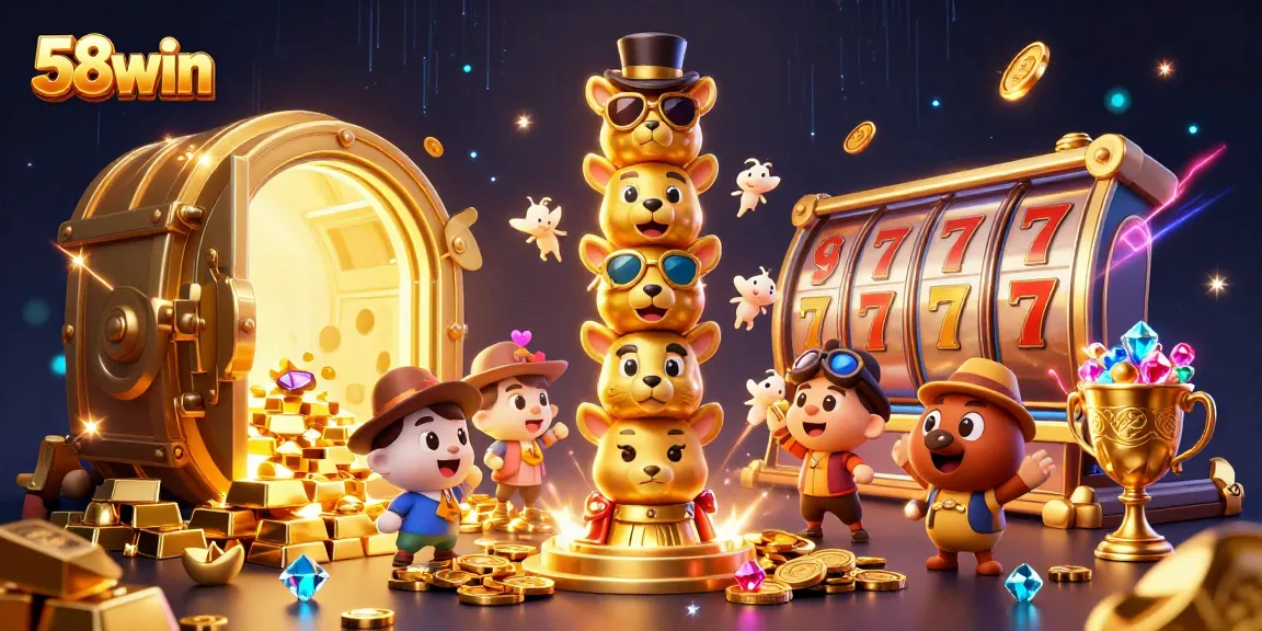 Experience excitement at 58win with a dynamic 3D casino scene featuring vibrant slot elements and rich treasures.
