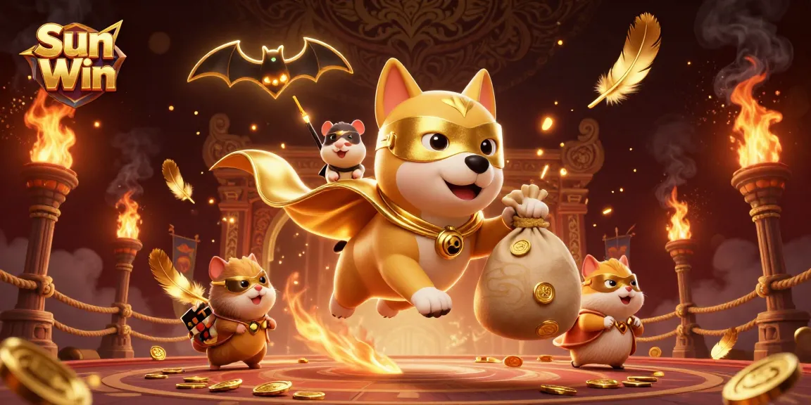 Engage with Sun Win's thrilling casino experience featuring an adventurous dog superhero and hamster in action.