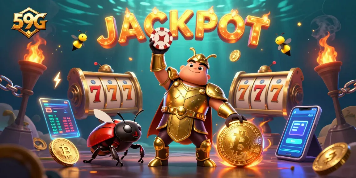 Spin the reels with 59G for a thrilling adventure featuring a beetle hero and crypto coins!