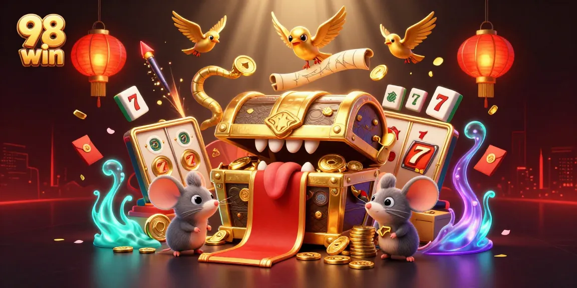 Experience thrilling jackpots at 98 win with a vibrant casino scene of treasure and excitement.