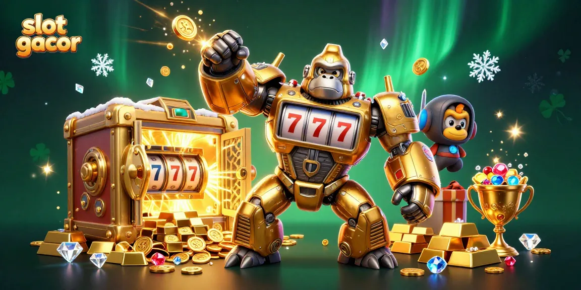 Engage in thrilling slot gacor action with a stunning scene featuring a golden gorilla mech and explosive treasure riches.