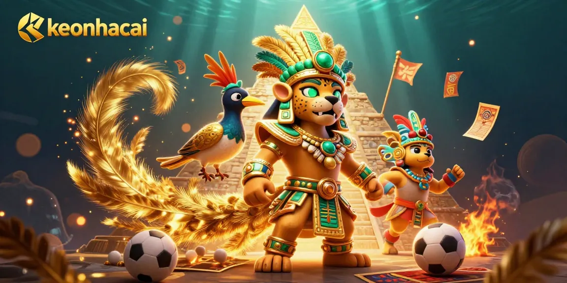 Engage with keonhacai in an immersive sports betting scene featuring a Mayan jaguar priest and quetzal bird.