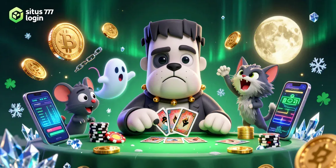 Engage with situs slot777 login while enjoying a 3D cartoon casino scene with vibrant characters and glowing crypto coins.