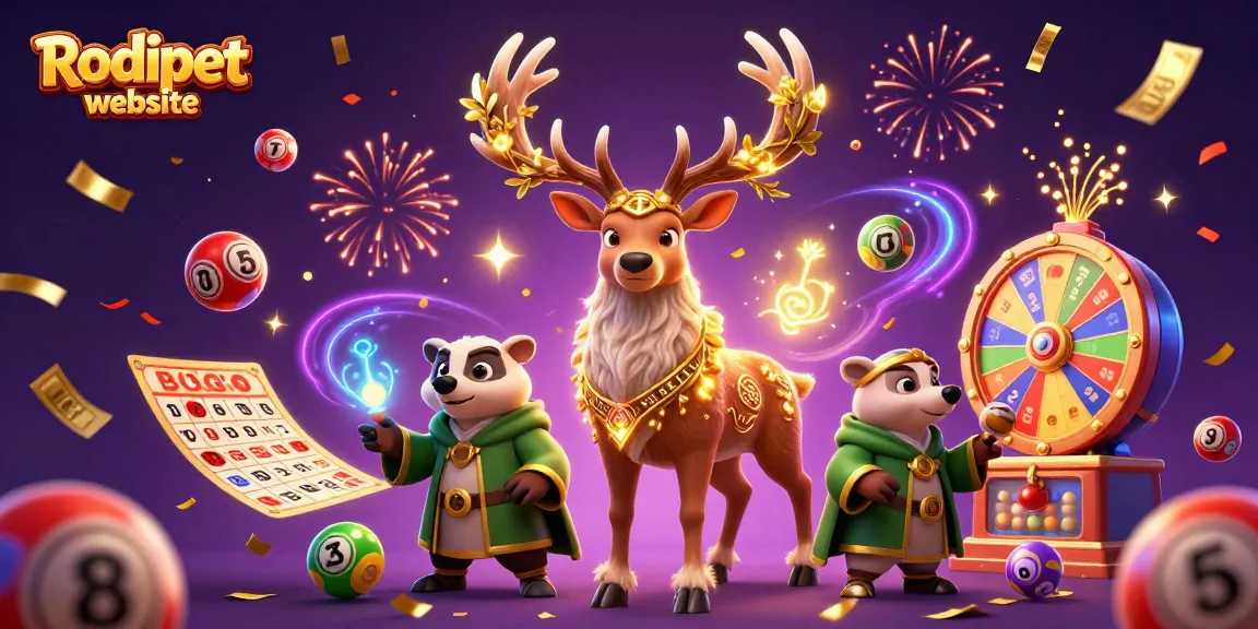 Engage with the thrill of the Rodipet website as colorful lottery balls fly around a druid stag.
