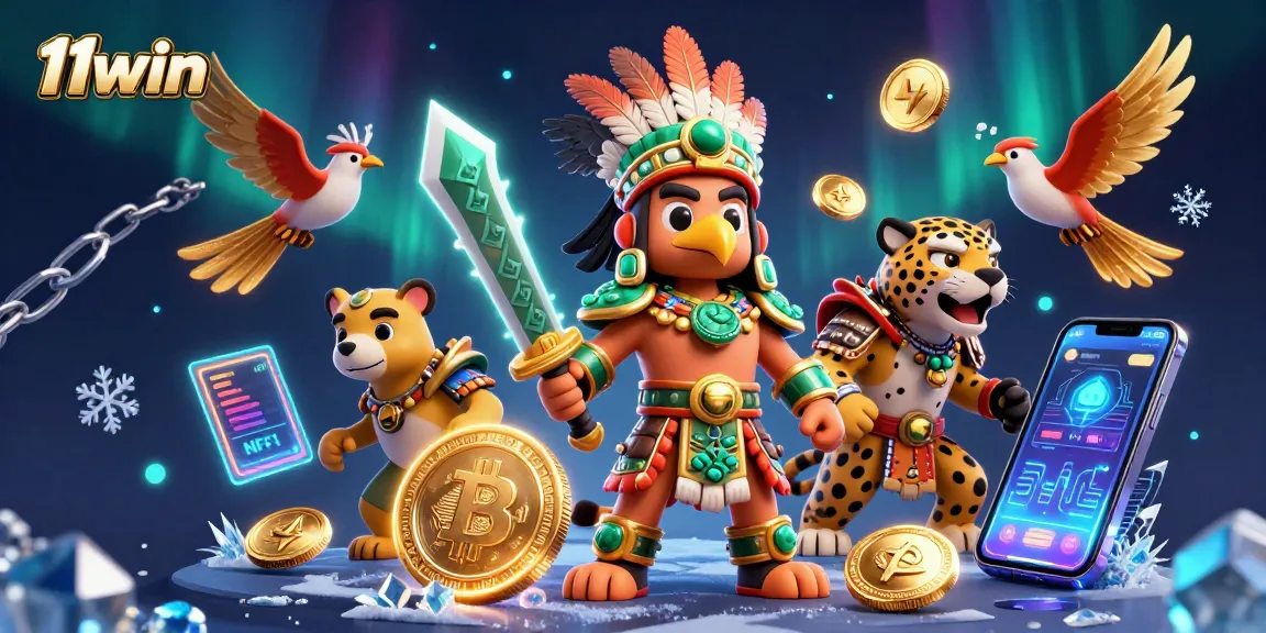 Engage in gaming excitement at 11win with an Aztec warrior and crypto elements in a vibrant scene.