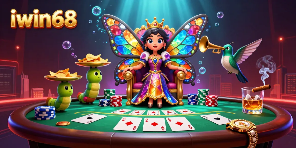 Experience lively games at iwin68 with a vibrant, energetic scene filled with poker elements and animated characters.