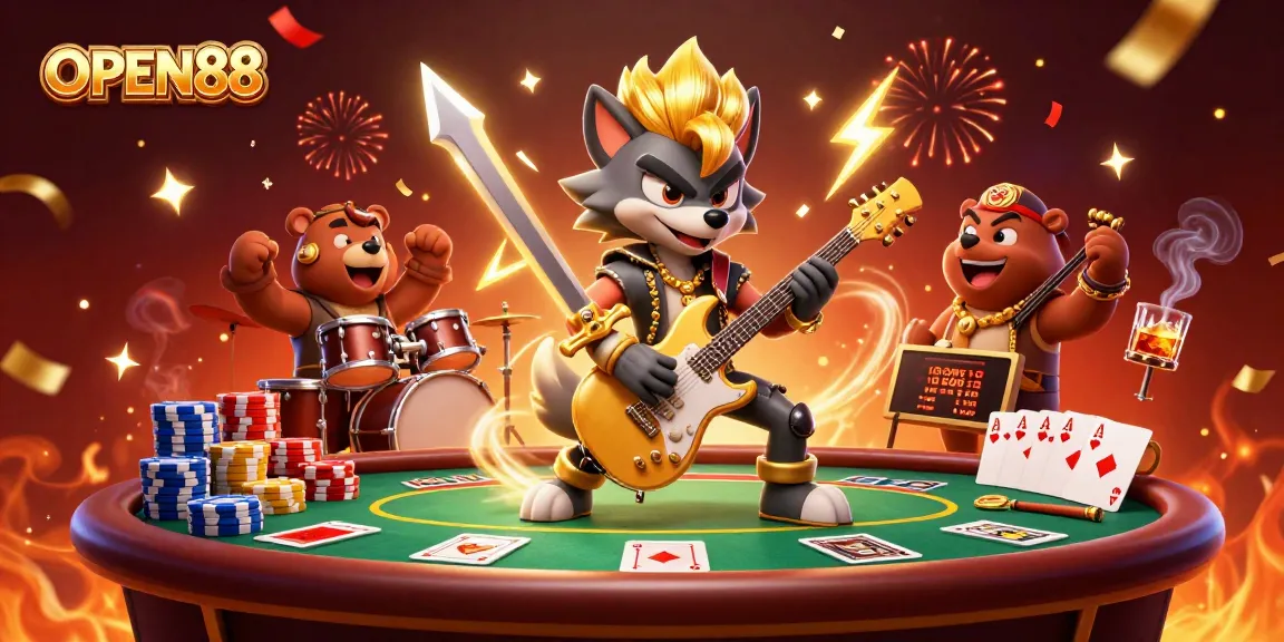 Experience thrilling action at OPEN88 with a dynamic 3D cartoon scene featuring a rock star wolf and poker elements.