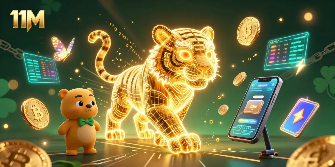 Play slots in a vibrant digital casino with the 11M themed golden tiger and crypto elements