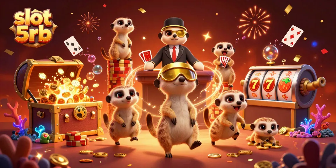 Experience the excitement of slot 5rb as cartoon meerkats engage in thrilling casino action among colorful treasures.