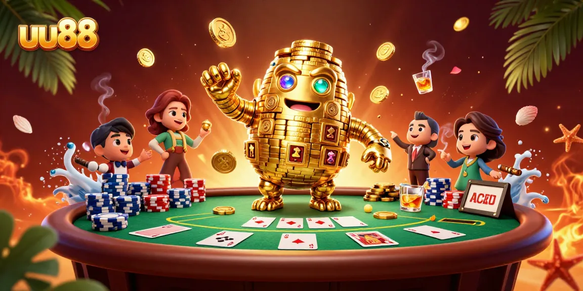 uu88 attracts players with a golden golem and poker chips showcasing a vibrant casino atmosphere.