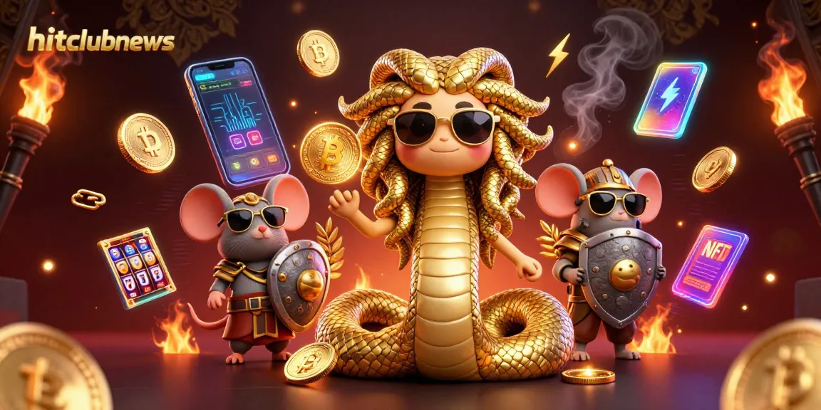 Experience thrilling gaming at hitclubnews with Medusa and a warrior mouse amidst vibrant crypto and casino elements.