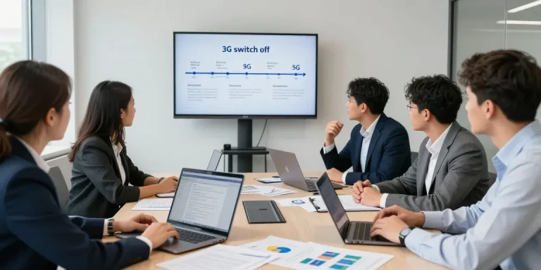 Business professionals discussing the 02 3G switch off impact in a modern office environment.