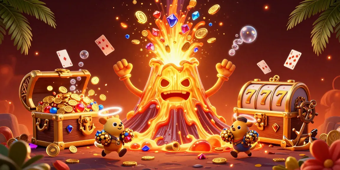 Experience Chrome Hearts excitement as a volcano of coins erupts amid slot reels and playful treasures.