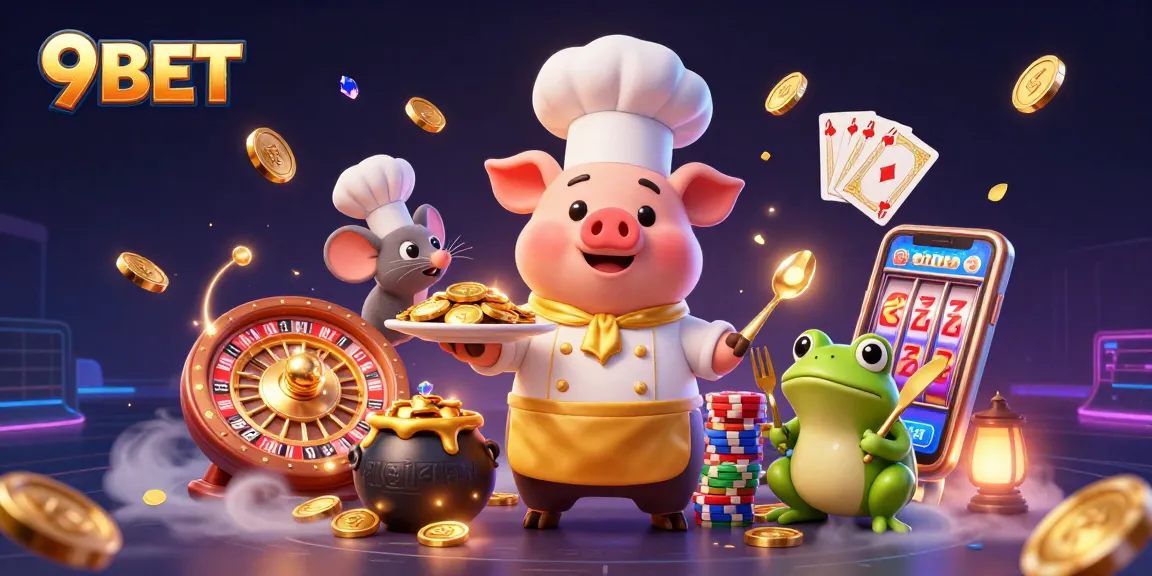 Experience exciting gaming with 9BET, featuring a cartoon chef serving gold coins amidst vibrant casino elements.
