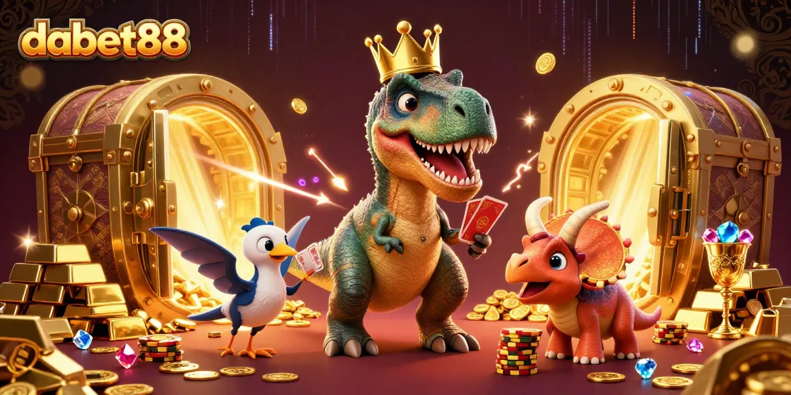 Dabet88 showcases a vibrant casino scene with cartoon dinosaurs engaging in lively card gaming and chip stacking.