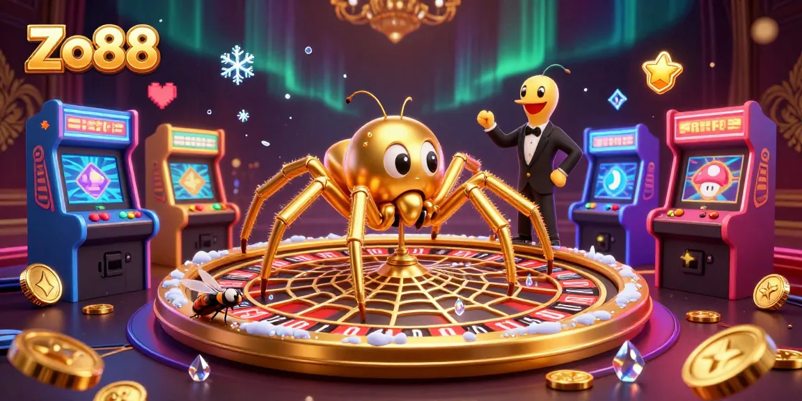 Bet on Zo88 as a fly nervously places wagers while a golden spider spins a roulette wheel web.