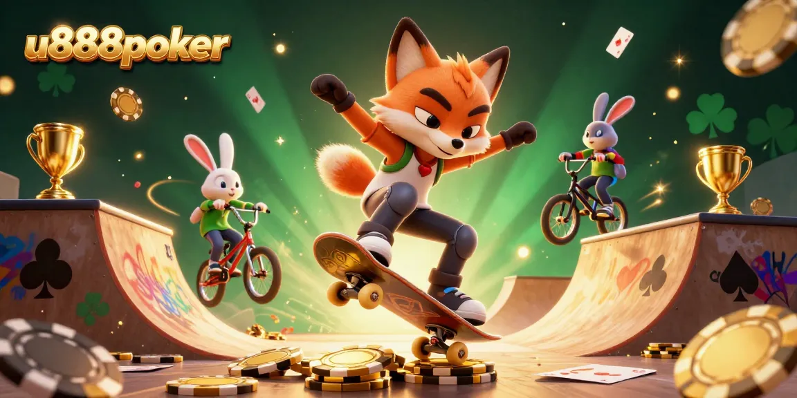 u888poker showcases an energetic poker scene with animated characters performing incredible tricks