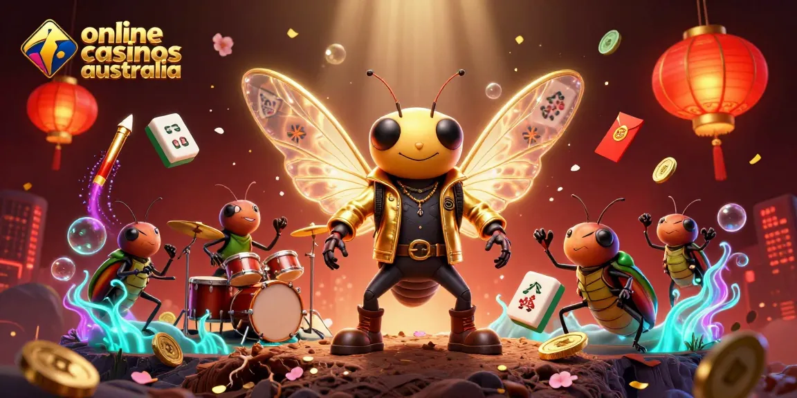 Engage with vibrant online casinos Australia scene featuring a cicada rock star and dynamic elements.