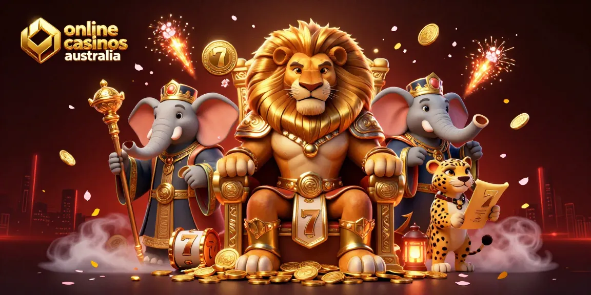 Spin to win at online casinos Australia with this vibrant 3D gaming scene showcasing a royal lion king and gaming elements.