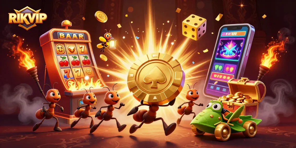 Engage with RIKVIP as cartoon ants perform a heist for golden poker chips in a thrilling casino scene.