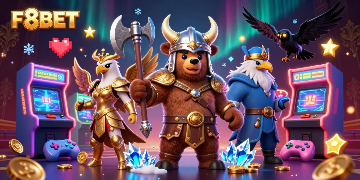 Join the excitement at F8BET with a vibrant 3D casino scene featuring a Viking, Valkyrie, and game elements.