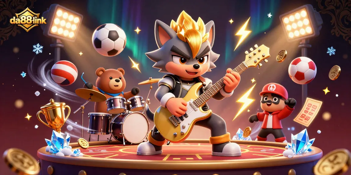 Experience thrilling wins at da88-link with a wolf rock star performing on stage, surrounded by dynamic sports elements.