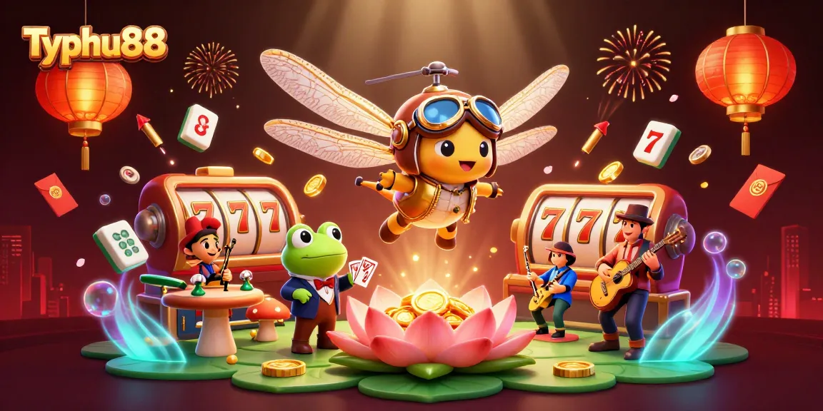 Join the excitement at Typhu88 with this vibrant 3D casino scene featuring a dragonfly pilot and a frog dealer.