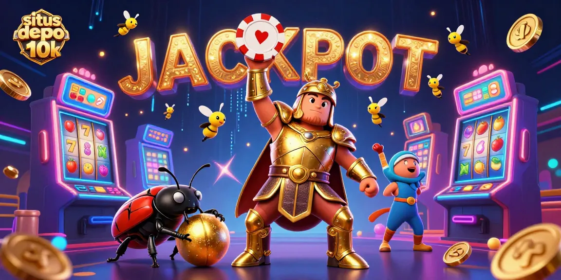 Experience the excitement with situs depo 10k as a beetle hero lifts a poker chip amid vibrant slot machines.