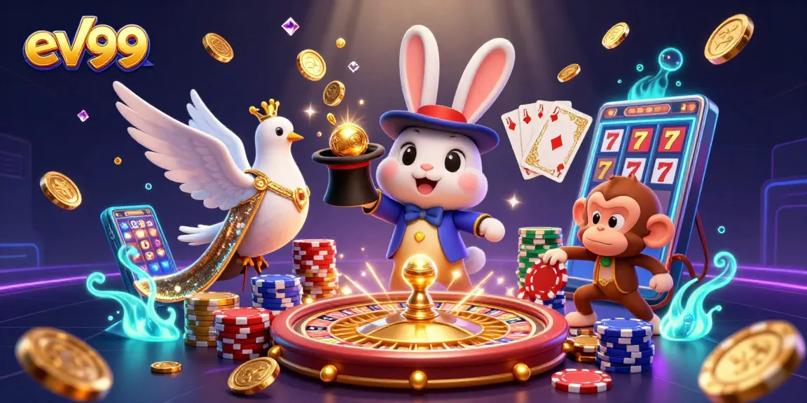 Experience the exciting world of ev99 as a magician rabbit pulls coins while a dove and monkey add charm, surrounded by casino elements.