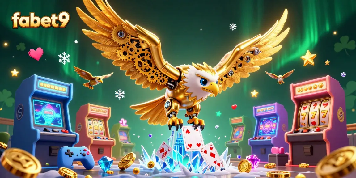 Experience thrilling wins with fabet9, featuring a dynamic 3D eagle and slot game elements.