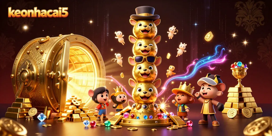 Engage with keonhacai5 in a vibrant 3D illustration of a totem pole amidst gold treasures, enhancing your betting strategy.