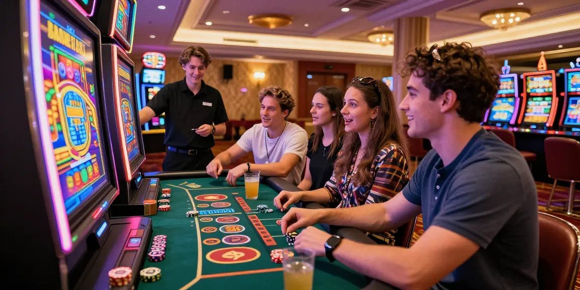 Friends enjoying free spins on registration UK at a lively casino, showcasing excitement and engagement.