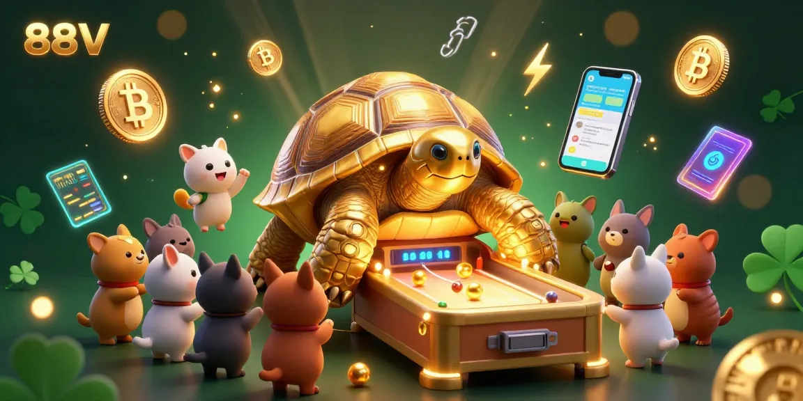 Experience the fun of playing 88VV games with a colossal golden tortoise and exciting crypto elements in a vibrant casino scene.