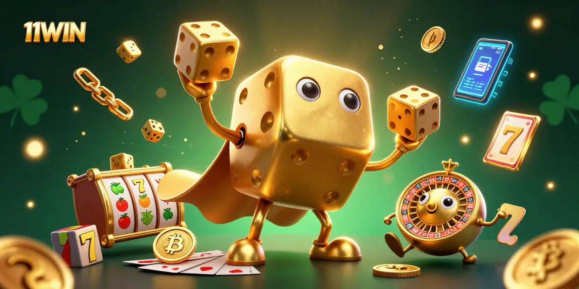 Experience 11WIN with the animated golden dice golem and slot reels amidst vibrant crypto elements