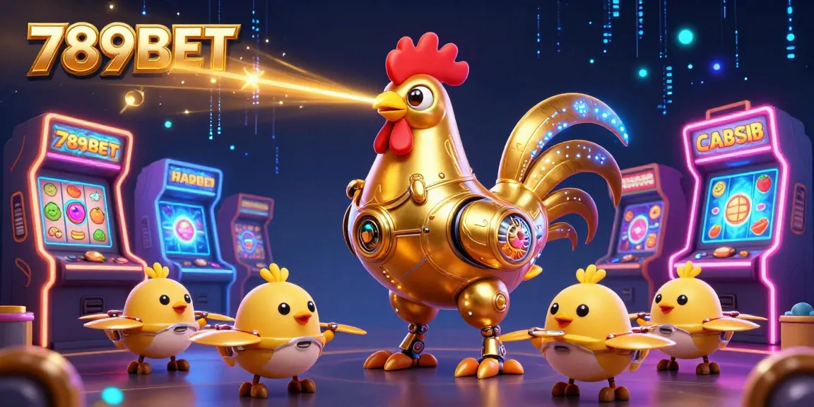 Experience the vibrant energy of 789BET with a dynamic 3D casino art illustration featuring a golden rooster robot amidst colorful gaming elements.