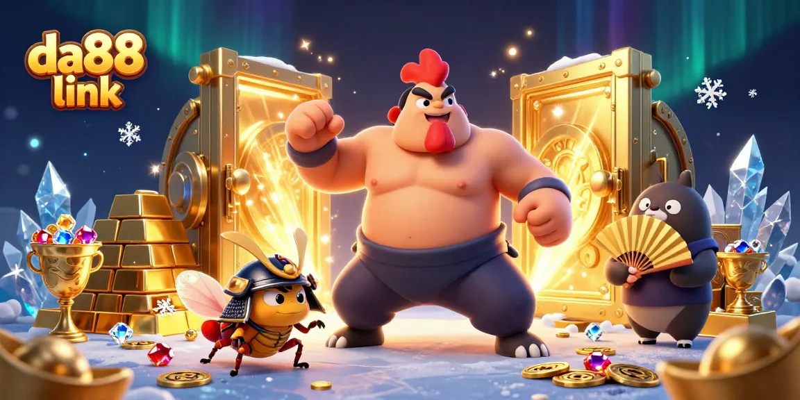 Experience the excitement of da88 link with sumo wrestlers and treasures in this vibrant illustration.